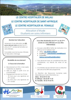Le Centre Hospitalier de Millau attribue une allocation mensuelle aux étudiant(e)s infirmiers(ères) !!!